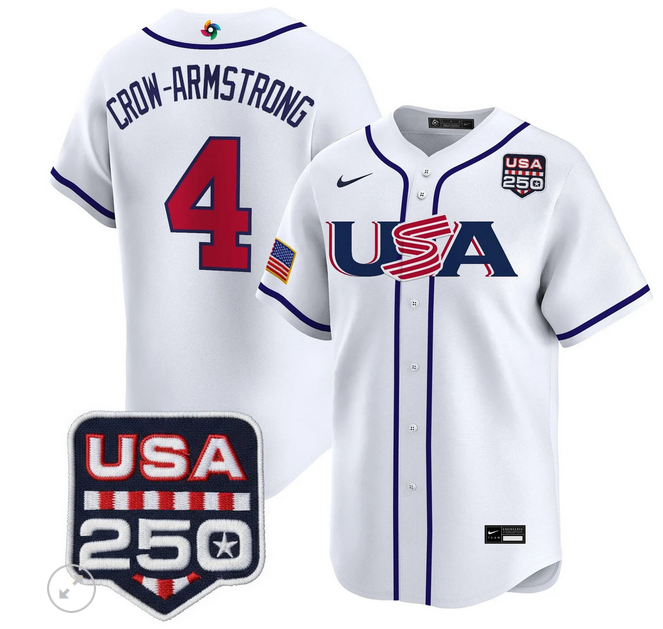 Men Team USA World Baseball Classic 250 America Patch #4 Crow Armstrong white 2026 MLB Jersey->more jerseys->MLB Jersey
